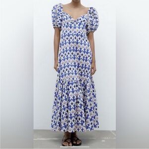 ZARA Blue Puff Sleeve Midi Dress M NWT | Smocked Back Cotton Blend